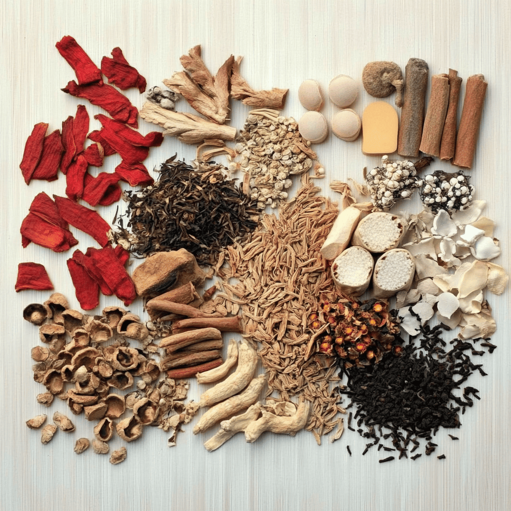 Traditional Chinese herbs, showcasing various dried ingredients arranged neatly on a table.