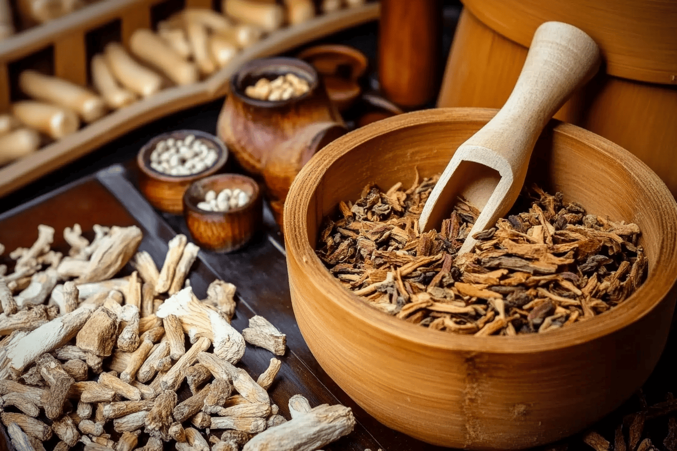 Close-up of Chinese herbs, displayed in wooden bowls with other traditional materials.