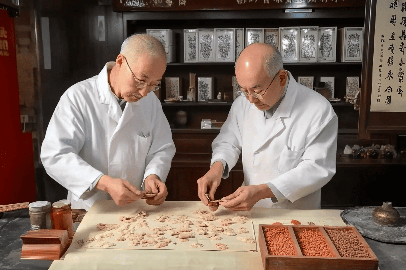 Two traditional Chinese medicine practitioners preparing herbal remedies in a workshop.