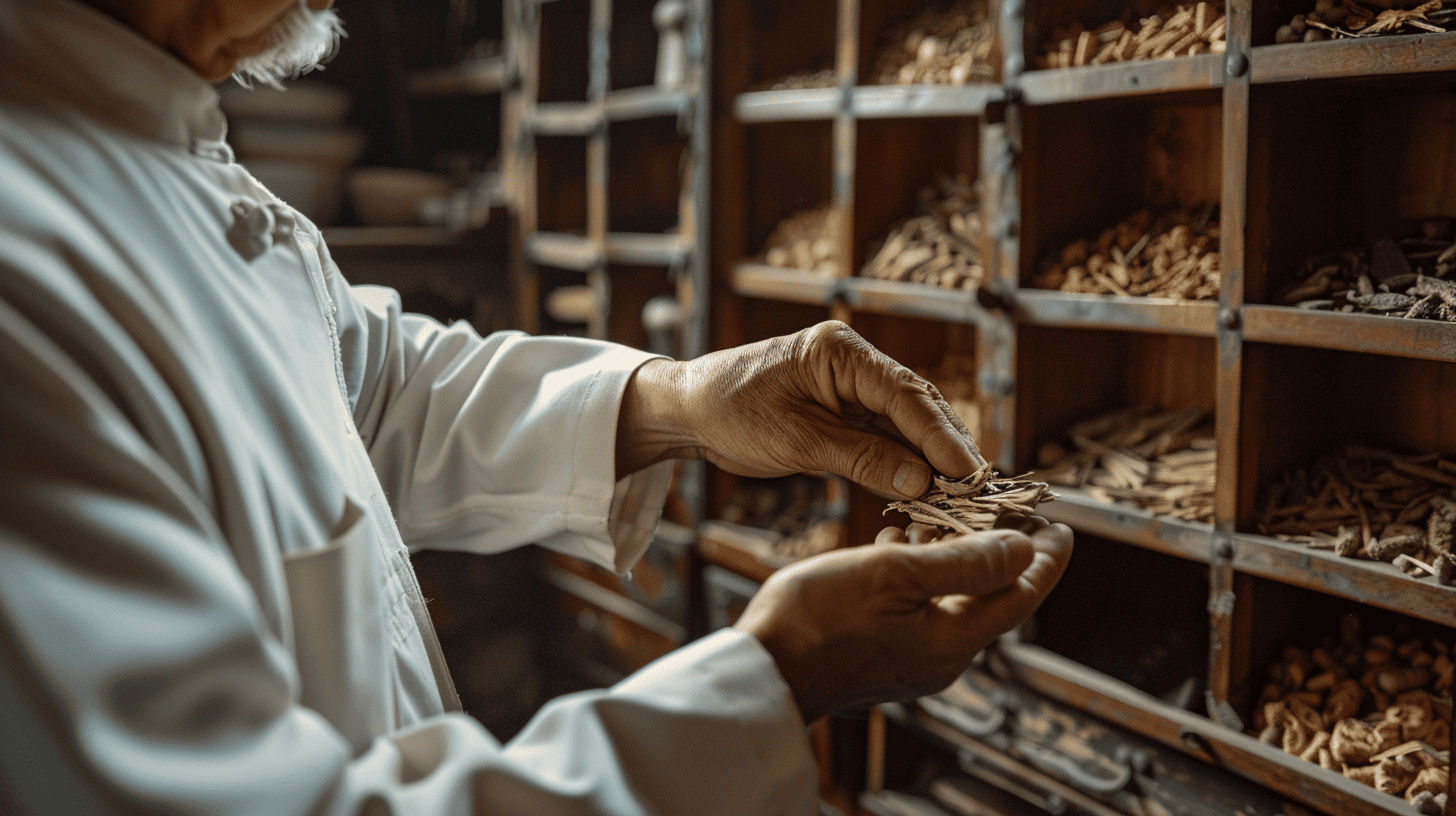 Traditional medicine practitioner examining herbs, wooden shelves with herbal ingredients in the background